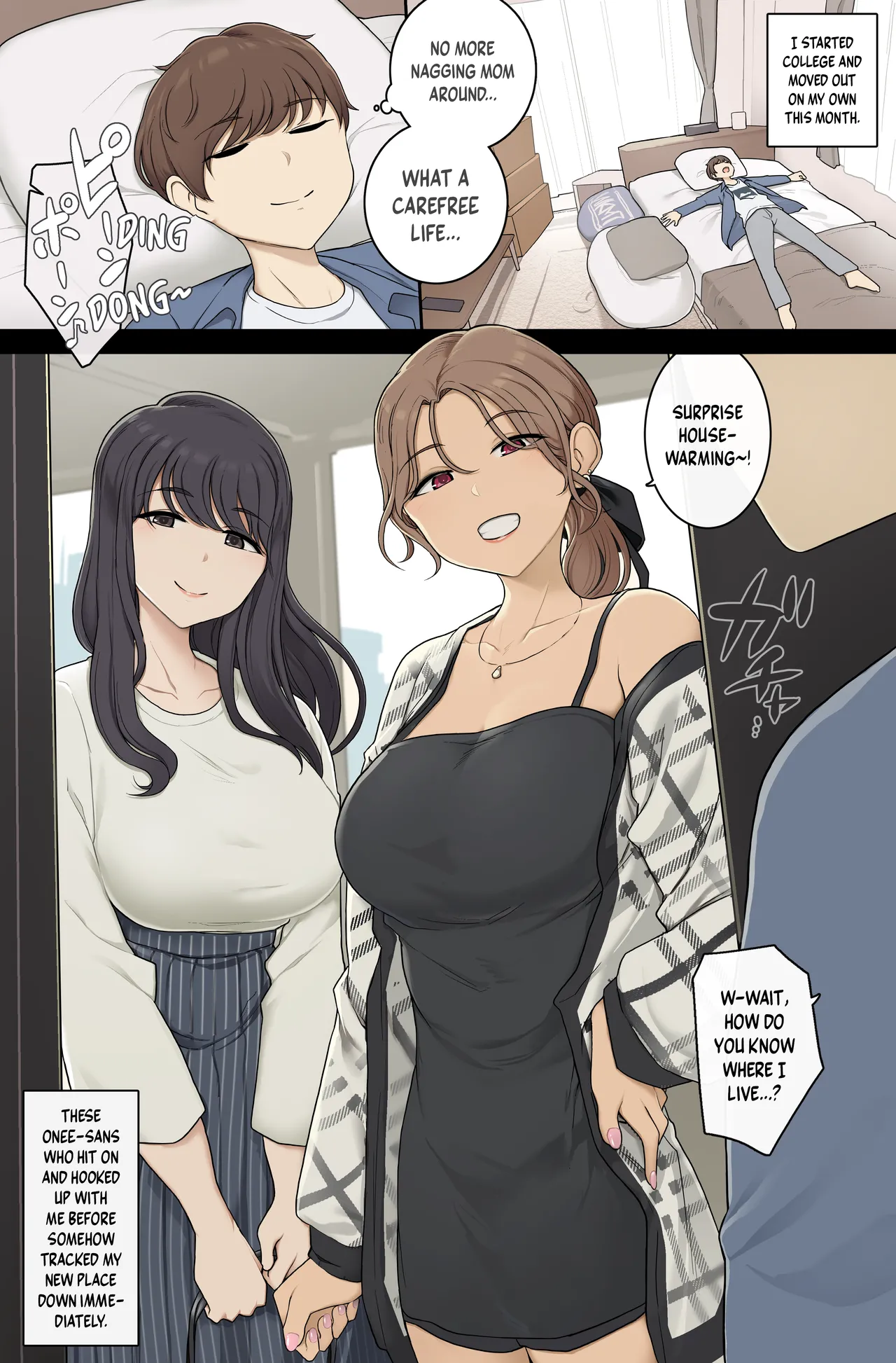 Keitai Choushin Onee-san-tachi ni Shinkyo o Yaribeya ni Sareru Hanashi | Tall, Busty Onee-sans Turn My New Place into Their Sex Room
